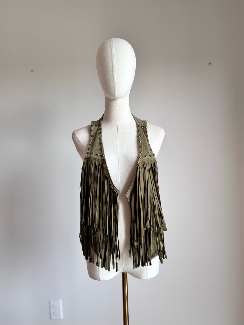 olive green studded fringe western festival vest size large